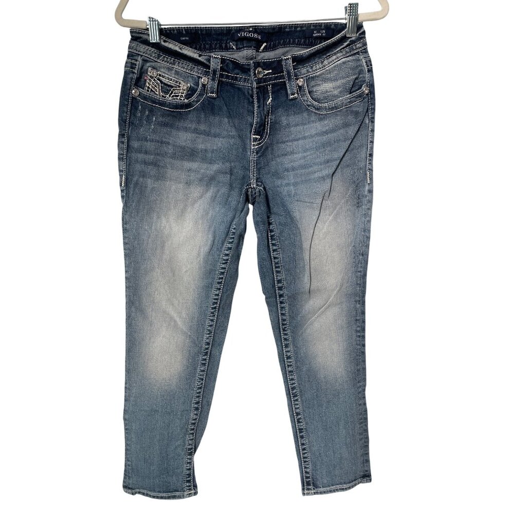 Vigoss Heritage Fit Distressed Capri Jeans Womens 6 Blue Denim Sequin Rhinestone